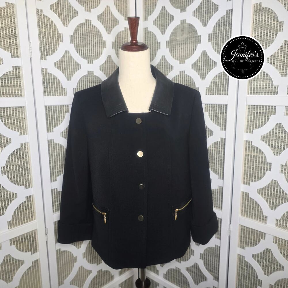 Tahari Arthur S. Levine Black Faux Leather Collar Gold Snap Button Cuff Blazer